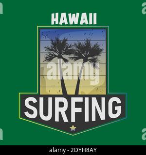 Vektor-Illustration Sommer Urlaub Welle Surfen Paradies Hawaii Fashion Design Tropical Tshirt Grafik mit Typografie Stock Vektor