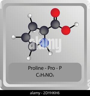 Proline – Pro – P Aminosäure chemische Struktur. Molekülformel Ball und Stick Modell Molekül. Biochemie, Medizin und naturwissenschaftliche Ausbildung. Stock Vektor