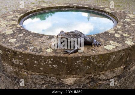 Metallische Froschskulptur auf einem Brunnen in der Abtei Schoental in Hohenlohe, einem Gebiet in Süddeutschland zur Sommerzeit Stockfoto