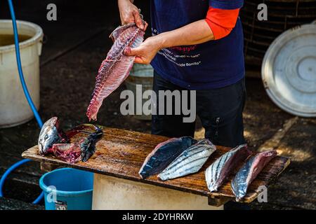 Yasuhisa Serizawa ist katsuobushi Herstellen, bei Nishiizu-Cho, Shizuoka, Japan Stockfoto