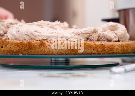 Arbeitsprozess des Backens Kuchen zu Hause. Nahaufnahme der weiblichen Hand Belag Creme auf Schokolade Biscuit. Kulinarisches und köstliches Dessertkonzept. Stockfoto