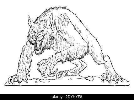 Werwolf heult auf der Mondzeichnung. Fantasy Monster Färbung Vorlage. Stockfoto