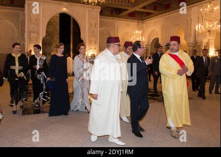 Seine Majestät König Mohammed VI von Marokko, Prinzessin Lalla Salma, Französisch Francois Hollande, Valerie Trierweiler, und Mitglieder der königlichen Familie kommen am 3. April 2013 zum Officiel Dinner im Königspalast in Casablanca, Marokko. Im Rahmen eines zweitägigen offiziellen Staatsbesuches im Königreich Marokko. Foto von Christophe Guibbaud/ABACAPRESS.COM Stockfoto