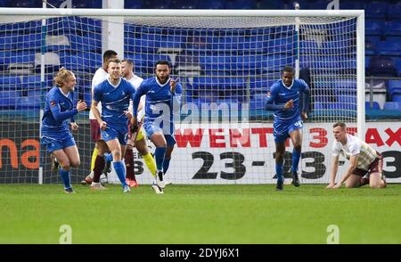 Hartlepool, Großbritannien. Dezember 2020. Ryan Johnson (#15 Hartlepool United) feiert sein Ziel während des National League-Spiels zwischen Hartlepool United und FC Halifax Town im Victoria Park in Hartlepool KEN FOULDS Kredit: SPP Sport Press Foto. /Alamy Live Nachrichten Stockfoto