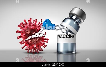 Impfstoff Bekämpfung Virus und Impfkonzept als Medizin produziert Antikörper gegen ansteckende Viruszellen und Krankheitserreger als 3D-Illustration. Stockfoto