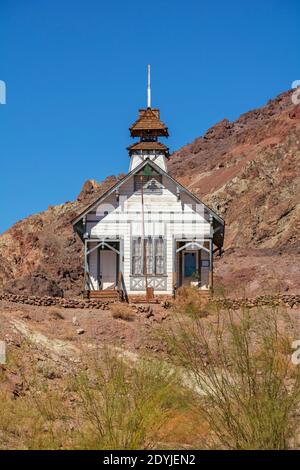 California, San Bernardino County, Calico Ghost Town, gegründet 1881 als Silberbergbaustadt, 1880er Jahre Schulhaus auf ursprünglichem Standort restauriert Stockfoto