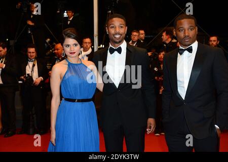 Michael B. Jordan, Regisseur Ryan Coogler und Melonie Diaz bei der Vorführung des Films 'Fruitvale Station', der am 16. Mai 2013 im Palais des Festivals im Rahmen des 66. Filmfestivals von Cannes in Cannes, Frankreich, stattfand. Foto von Nicolas Briquet/ABACAPRESS.COM Stockfoto