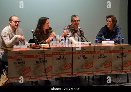 Samuel Doux, Mazarine Pingeot, Christophe Carlier, Pierre Stasse Teilnahme an der 3. Fete du Livre de Talloires Buchmesse, in Talloires, Ostfrankreich am 2. Juni 2013. Foto von Gilles Bertrand/ABACAPRESS.COM Stockfoto