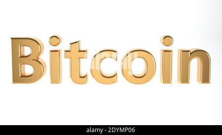 Bitcoin Text , Digitale Währung , Kryptowährung. Golden isoliert auf weißem Hintergrund, 3d-Illustration Stockfoto