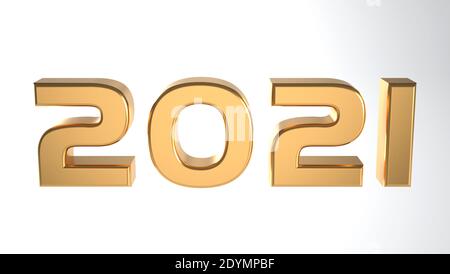 Frohes Neues Jahr 2021. Goldene metallische Zahlen Text weißer Hintergrund . 3D-Illustration Stockfoto