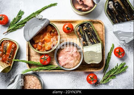 Seafood Snacks: Sardinen, Muscheln, Oktopus, Lachs und Thunfisch aus der Dose. Grauer Hintergrund. Draufsicht Stockfoto