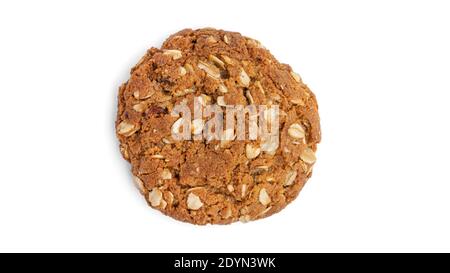 Haferflockenkekse mit Rosinen und Kokosnuss auf weißem Hintergrund. Blick von oben. Hochwertige Fotos Stockfoto