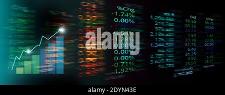 Markthandel Aktien und Indexnummer und Analyse Grafik auf Glow blue Red Green Digital Technology Blur Light Line Banner Geschäftshintergrund Stockfoto