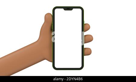 Cartoon Hand hält ein Handy von vorne. Leerer Bildschirm, um ein Bild Ihrer Anwendung oder Ihres Webs zu platzieren. Objekte auf weißem Hintergrund isoliert. Stockfoto