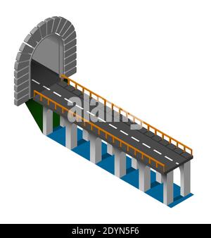 Eingang zum Autotunnel mit Abschnitt der Brücke. Autobrücke mit gewölbtem Tunnel in den Bergen. Vektor Stock Vektor