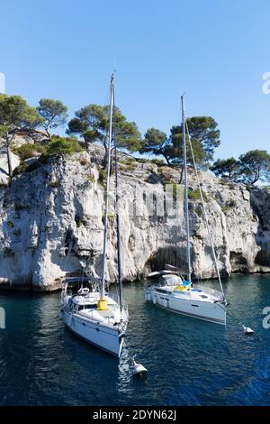 Marseille, Frankreich, Segelboote vertäuten in Calanque de Port Miou Stockfoto