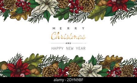 Frohe Weihnachten und Neujahr Hintergründe und Grußkarte mit Blume und Blatt Zeichnung Illustration. Stock Vektor