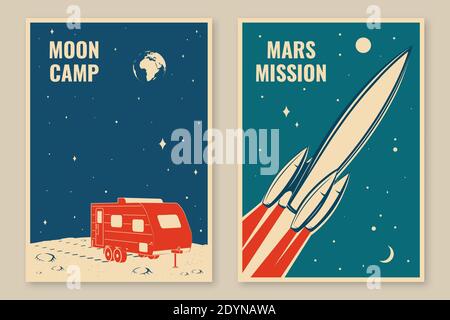 Mars Mission Poster, Banner, Flyer. Vektorgrafik. Konzept für Shirt, Print, Stempel, Overlay oder Schablone. Vintage Typografie Design mit Space Rakete und Wohnmobil auf dem Mond Silhouette. Stock Vektor