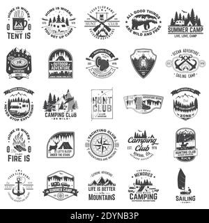 Set von Segelclub, Jagdclub und Camping Abzeichen, Patches. Vektorgrafik. Konzept für Hemd oder Logo, Print, Stempel oder T-Shirt. Design mit Segelboot, Wohnmobil, Camping Anhänger Silhouette. Stock Vektor