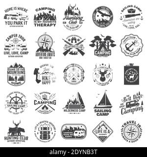 Set von Segelclub, Jagdclub und Camping Abzeichen, Patches. Vektorgrafik. Konzept für Hemd oder Logo, Print, Stempel oder T-Shirt. Design mit Segelboot, Wohnmobil, Camping Anhänger Silhouette. Stock Vektor