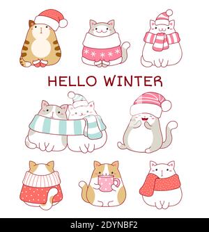 Hallo Winter. Weihnachtskollektion von niedlichen fetten Katzen in Schals und Hüten. Set von schönen Katzen im Kawaii-Stil. Vektorgrafik EPS8 Stock Vektor