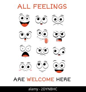 Alle Gefühle sind hier willkommen. Vektor-Banner mit Affirmation für Kinder Spielzimmer. Niedliche inspirierende Karte mit Emojis und Schriftzug. Motivierendes Zitat Stock Vektor