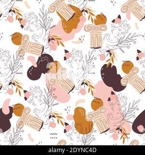 Nahtloses Muster mit Linienbild des antiken Kopfes von Apollo und antike Architektur, Vektor. Stock Vektor