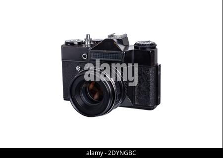 Alte schwarze Filmkamera auf weißem Hintergrund isoliert Stockfoto