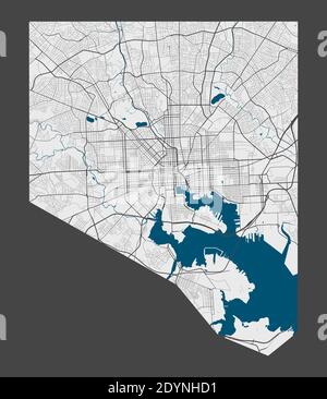 Baltimore-Karte. Detaillierte Karte von Baltimore Stadt Verwaltungsgebiet. Stadtbild-Panorama. Lizenzfreie Vektorgrafik. Übersichtskarte mit Autobahnen, st Stock Vektor