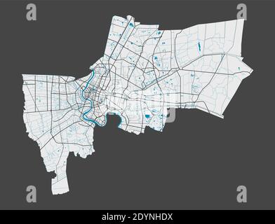 Bangkok-Karte. Detaillierte Karte des Verwaltungsgebiets der Stadt Bangkok. Stadtbild-Panorama. Lizenzfreie Vektorgrafik. Lineare Übersichtskarte mit Autobahnen, Stock Vektor