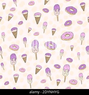 Nahtlose Muster-Set, Cartoon handgezeichnete Süßigkeiten Donuts und Eis, zarte rosa beige lila Farben. Muster für den Druck Verpackung Verpackung Verpackung Stock Vektor
