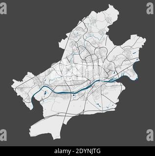 Karte Frankfurt. Detaillierte Vektorkarte von Frankfurt Stadtverwaltung. Plakat mit Straßen und Wasser auf grauem Hintergrund. Stock Vektor