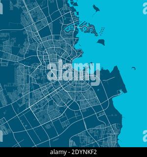 Detaillierte Karte von Doha Stadt Verwaltungsgebiet. Lizenzfreie Vektorgrafik. Stadtbild-Panorama. Dekorative Grafik Touristenkarte von Doha Gebiet. Stock Vektor