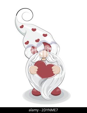 Valentinstag Karte niedlichen Gnome mit Herz, Bild in der Hand Zeichnung Cartoon-Stil für Gruß. Postkarte Stock Vektor