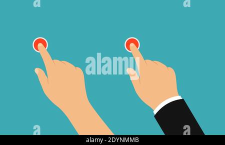Die Hand eines Geschäftsmannes oder einer Frau drückte mit ihrem Zeigefinger einen roten Knopf. Isoliert auf grünem Hintergrund - Vektor Stock Vektor