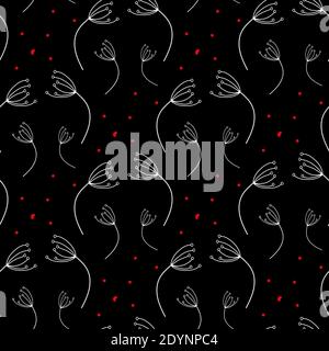 Blumenmuster aus Löwenzahn. Nahtloser einfacher schwarzer Hintergrund mit fliegendem Löwenzahn eps 10 Stock Vektor