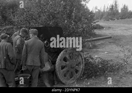 Wehrmacht Heer Panzerabwehrkanone PAK 36 76,2 mm / Feldkanone 296 7,62 cm / Ex Sowjetische Feldkanone - Bundeswehr Anti Tankpistole 36 / Feldkanone 292 76,2 mm Stockfoto