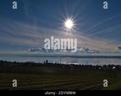 Schöner Blick über die Weinberge an den Hängen oberhalb des kleinen Dorfes Hagnau am Bodensee, Deutschland mit Bodensee am sonnigen Wintertag mit Hintergrundbeleuchtung. Stockfoto