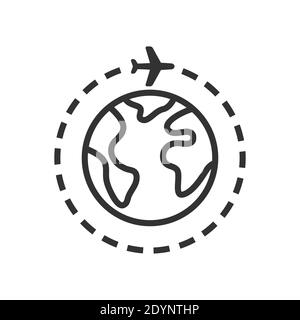 Flugzeug mit Planet oder Globus schwarz Vektor-Symbol. Um die Weltreise, Erde mit Flugzeug, Reisesymbol. Stock Vektor