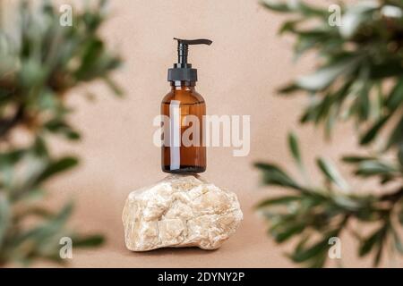 Braune Glasflasche mit Pumpe von kosmetischen Produkten auf Stein von grünen Blättern der Zweige eingerahmt, beige Hintergrund. Natürliche organische Spa kosmetische Schönheit C Stockfoto