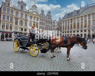 Bruxelles - Belgien Nov 2019: Pferdekutsche in großem Platz wartet auf Touristen Stockfoto