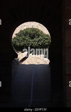 Trujillo. Eintritt in die islamische mittelalterliche maurische Festung/ Burg aus dem 9.-13. Jahrhundert. Kulisse für Game of Thrones, Extremadura, Spanien. Schlüsselloch-Portikus. Stockfoto