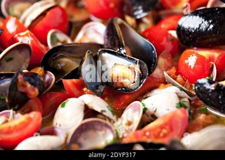 Vongole Seafood Muscheln mit Tomaten und Petersilie in Bratpfanne. Stockfoto