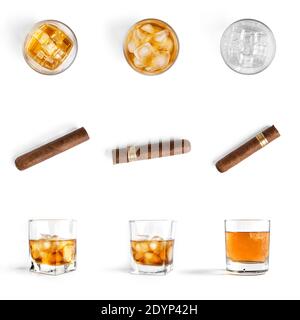 Whiskey mit Eis und Zigarre auf weißem Hintergrund. Hochwertige Fotos Stockfoto