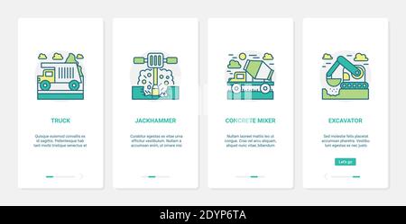 Schwere Baumaschinen Vektor-Illustration. UX, UI Onboarding mobile App Seite Bildschirm mit Linie Maschinen für Baumaßnahmen, Betonmischer LKW Bagger Bagger Presslufthammer Stock Vektor