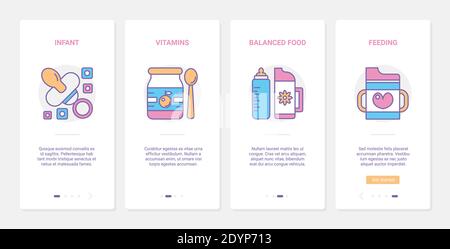 Vektor-Illustration für das Füttern von Babys. UX, UI Onboarding mobile App Seite Screen Set mit Linie Neugeborenen Nippel und Flasche, Lebensmittel Säugling Baby Essen Zubehör und gesunde Ernährung Vitamine für die Gesundheit des Kindes Stock Vektor