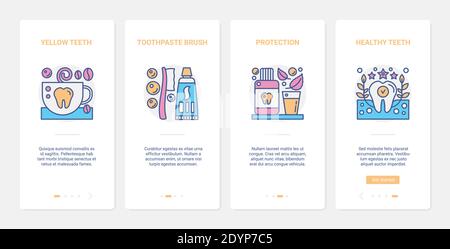 Zahnpflege Schutzmaßnahmen, Gesundheitswesen Vektor Illustration. UX, UI Onboarding mobile App Seite Screen Set mit Linienschutz und Gesundheit der Zähne, Zahnpasta, Zahnbürste Hygiene Routine Symbole Stock Vektor