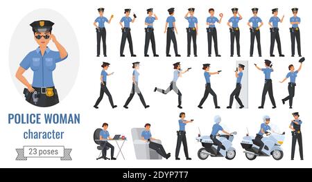 Polizist Frau Posen Vektor Illustration Set. Cartoon junge ArbeiterIn Charakter arbeitet in verschiedenen Posen, Gesten und Aktionen, posiert mit Telefon, Pistole, Polizei Motorrad isoliert auf weiß Stock Vektor