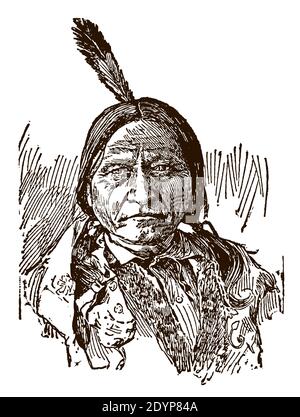 Porträt der historischen Indianer Hunkpapa Lakota Sioux Chef sitzen Stier in Frontalansicht Stock Vektor