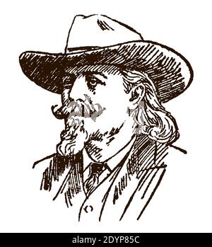 Porträt von William Frederick Cody aka Buffalo Bill in Dreiviertelansicht. Illustration nach einer Skizze aus dem 19. Jahrhundert Stock Vektor